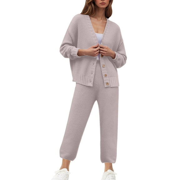 FAIWAD Women's 2 Piece Outfits Sweater Sets Long Sleeve Button Knit Cardigan and Pants Teen Girls Lounge Set