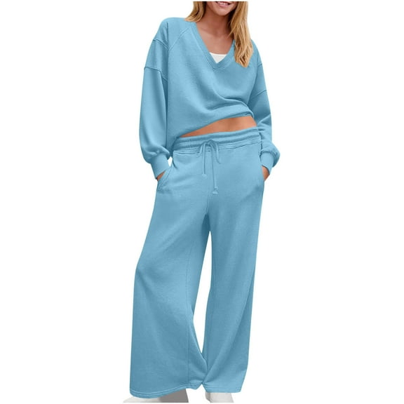 FAIWAD Women's 2 Piece Outfits Sweatsuit V Neck Sweatshirts with Wide Leg Pants Casual Workout Tracksuit