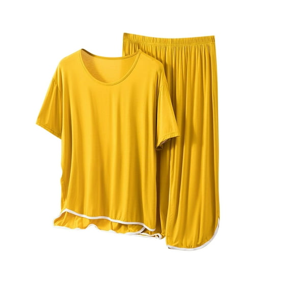 FAIWAD Women's 2 Piece Pajamas Outfits Short Sleeve Round Neck Tops with Pants Lightweight Loungewear Sets (Large, Yellow)