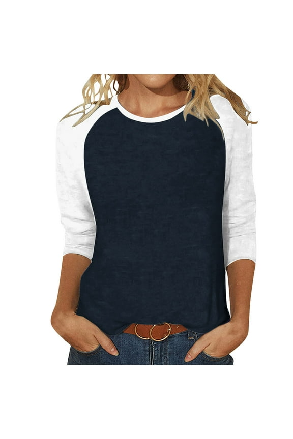 Women's 3/4 Sleeve Patchwork Tunic Tops Round Neck Colod Block Basic Trendy Pullover Tops