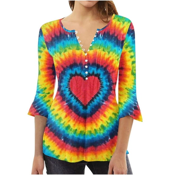 FAIWAD Women's 3/4 Sleeve Tunic Tops V Neck Button Down Tops Tie Dye Print Slim Pullover Tops