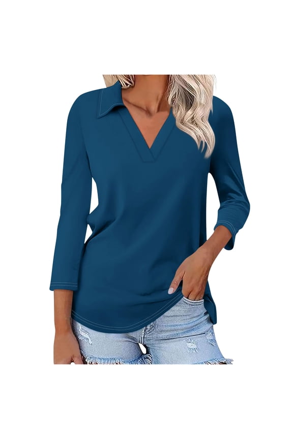 Women's 3/4 Sleeve V-Neck Collared Tops Business Dressy Casual Work Shirts Trendy Loose Basic Tees