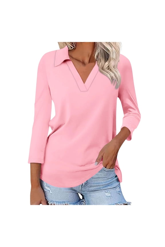 Women's 3/4 Sleeve V-Neck Collared Tops Business Dressy Casual Work Shirts Trendy Loose Basic Tees