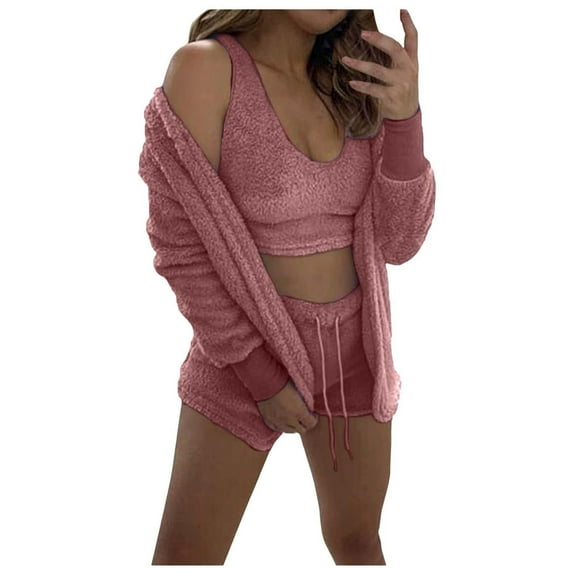 FAIWAD Women's 3 Piece Pajamas Long Sleeve Hooded Coat Tank Top and Shorts Pants Winter Plush Warm Suit