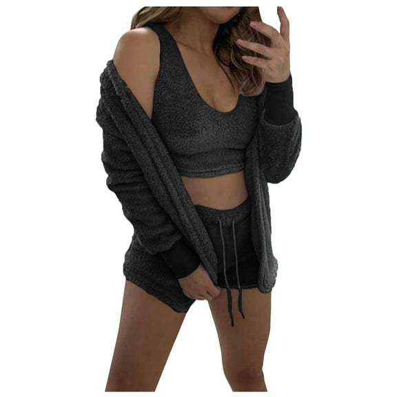 FAIWAD Women's 3 Piece Pajamas Long Sleeve Hooded Coat Tank Top and Shorts Pants Winter Plush Warm Suit