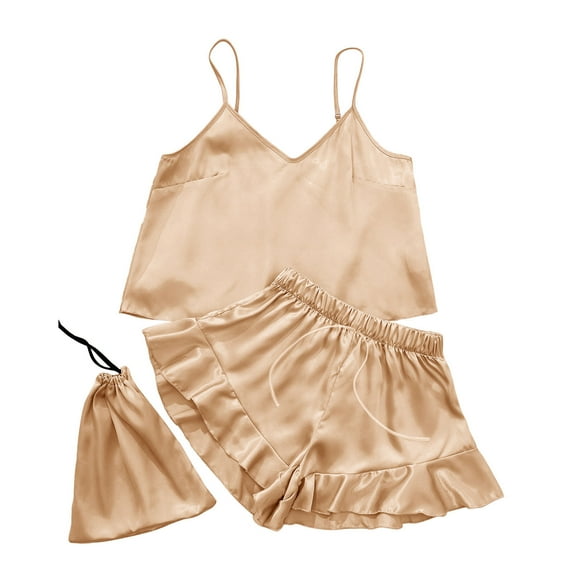 FAIWAD Women's 3 Sets Pajamas Set Satin Sleeveless Crop Top and Shorts Lounge Set with Bag