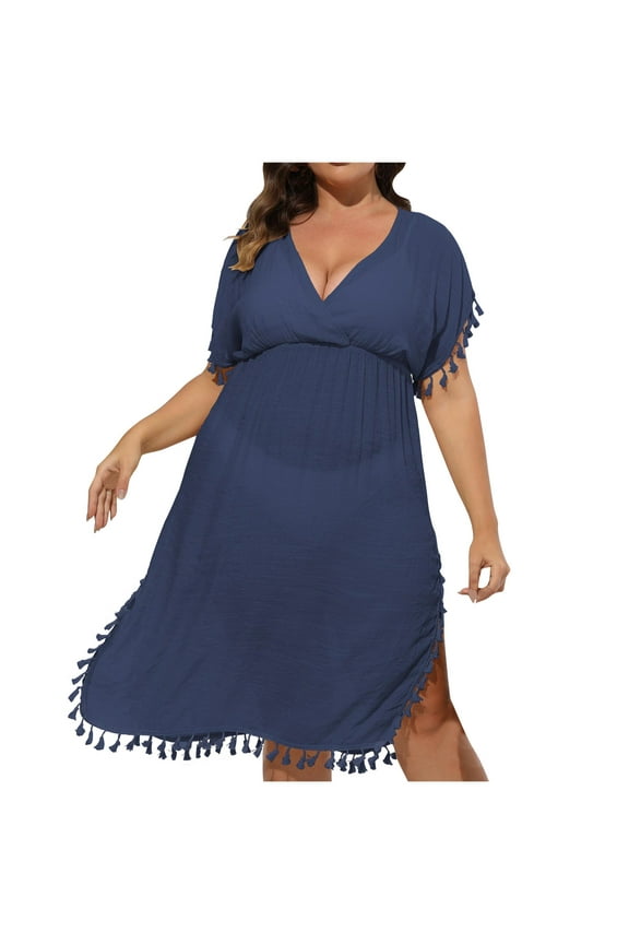 Women's Beach Vacation Cover Up Sundress Plus Size Short Sleeve V Neck Dress Side Split Loose Dress