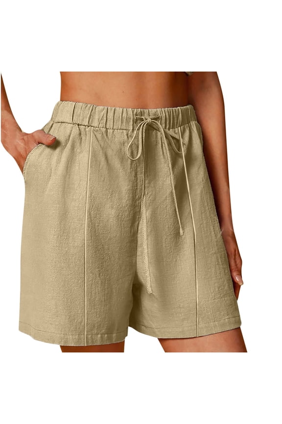 Shorts for Women Drawstring Elastic High Waist Casual Cotton Linen Shorts Summer Plus Size Wide Leg Pants with Pockets