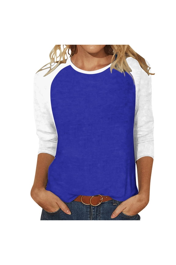 Women's Casual 3/4 Sleeve Tunic Tops Round Neck Color Block T-Shirts Basic Loose Pullover Top