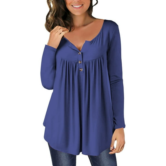 FAIWAD Women's Casual Long Sleeve Button Round Neck Loose Pleated Pullover Tops Fall Winter Trendy Top