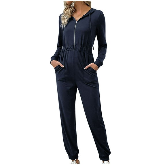 FAIWAD Women's Casual Long Sleeve Hooded Jumpsuits Zip Up Drawstring Romper with Pockets (Large, Blue)