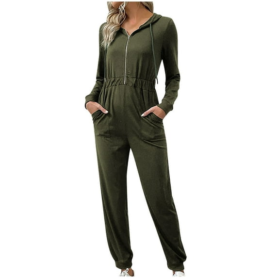 FAIWAD Women's Casual Long Sleeve Hooded Jumpsuits Zip Up Drawstring Romper with Pockets (X-Large, Army Green)