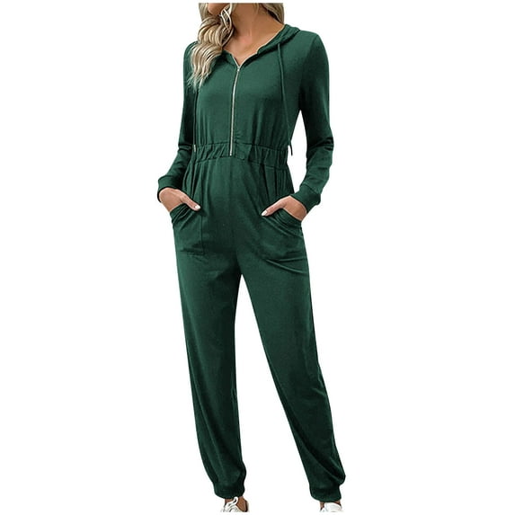FAIWAD Women's Casual Long Sleeve Hooded Jumpsuits Zip Up Drawstring Romper with Pockets (X-Large, Green)