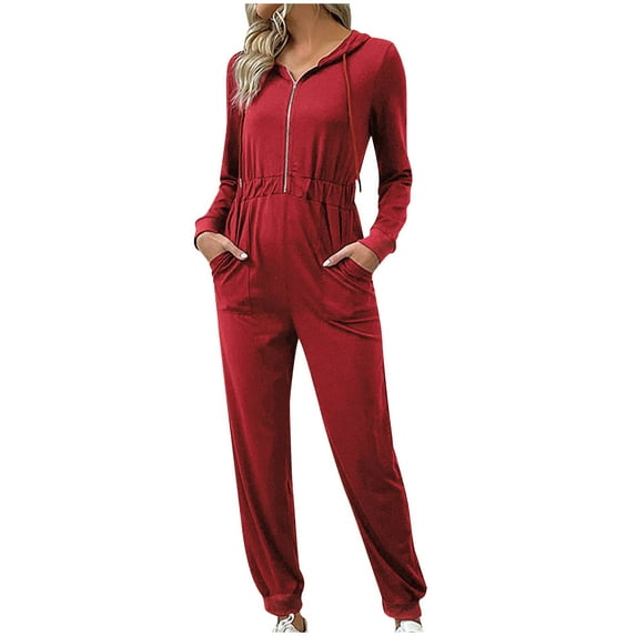 FAIWAD Women's Casual Long Sleeve Hooded Jumpsuits Zip Up Drawstring Romper with Pockets (X-Large, Red)