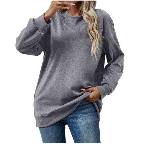 FAIWAD Women's Casual Round Neck Sweatshirts Plus Size Long Sleeve Solid Color Loose Pullovers Top