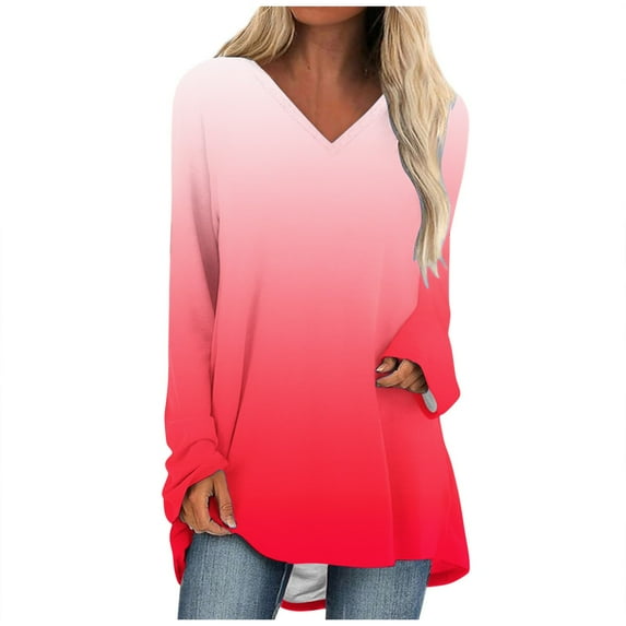 FAIWAD Women's Casual Tops Long Sleeve V Neck Pullover Tops Plus Size Color Block Top Fall Winter Trendy Clothes