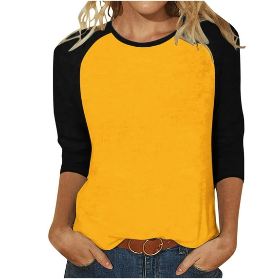 FAIWAD Women's Color Block Patchwork Tops 3/4 Sleeve Round Neck Soft Loose Pullover Top