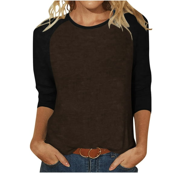 FAIWAD Women's Color Block Patchwork Tops 3/4 Sleeve Round Neck Soft Loose Pullover Top