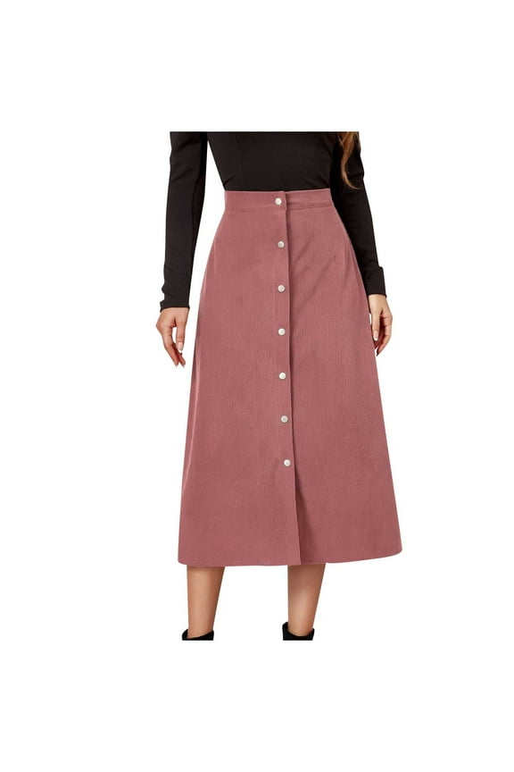 Women's Corduroy Midi Skirt Button Front High Waist Vintage A-line Skirt Retro Basic Slim Corduroy Skirts