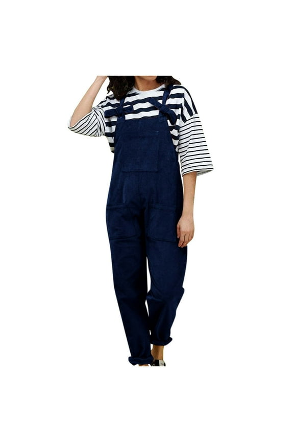 Women's Corduroy Overalls Jumpsuits Adjustable Straps Wide Leg Long Pant Romper with Pockets