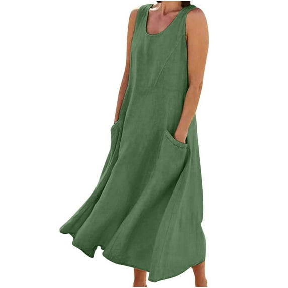 FAIWAD Women's Cotton Linen Dress Sleeveless Loose Flowy Maxi Tank Dress Plus Size Pockets Beach Sundress