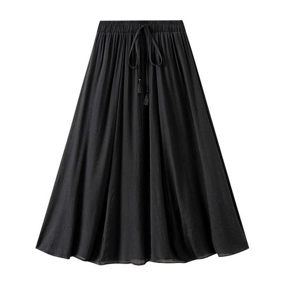 FAIWAD Women's Cotton Linen Skirt Elastic High Waist Pleated A-line Skirt Casual Breathable Comfy Skirt