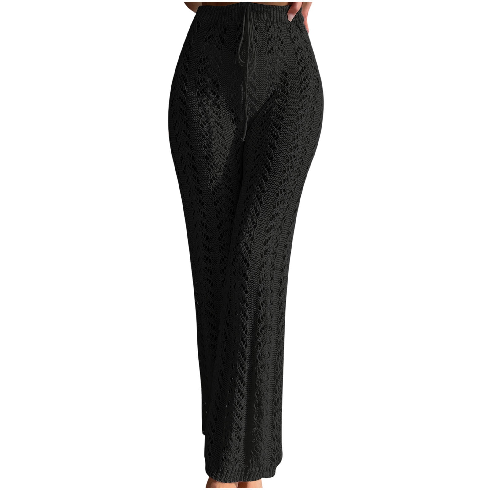 FAIWAD Women's Crochet Knit Pants Casual High Waist Cut Out Straight ...
