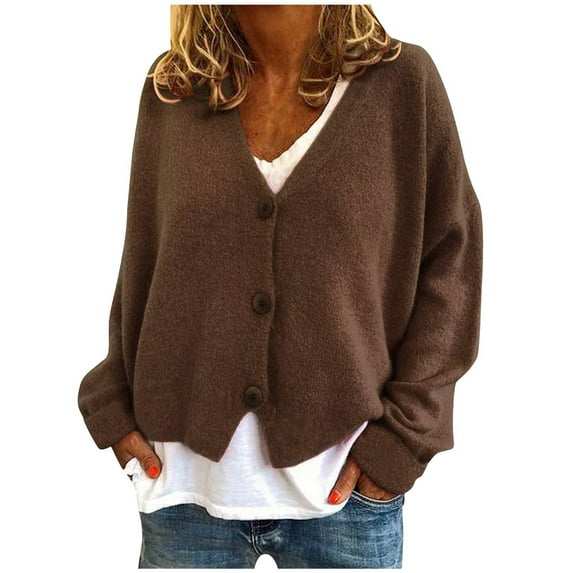 FAIWAD Women's Cropped Cardigan V Neck Long Sleeve Button Open Front Knit Sweater Solid Color Short Outwear