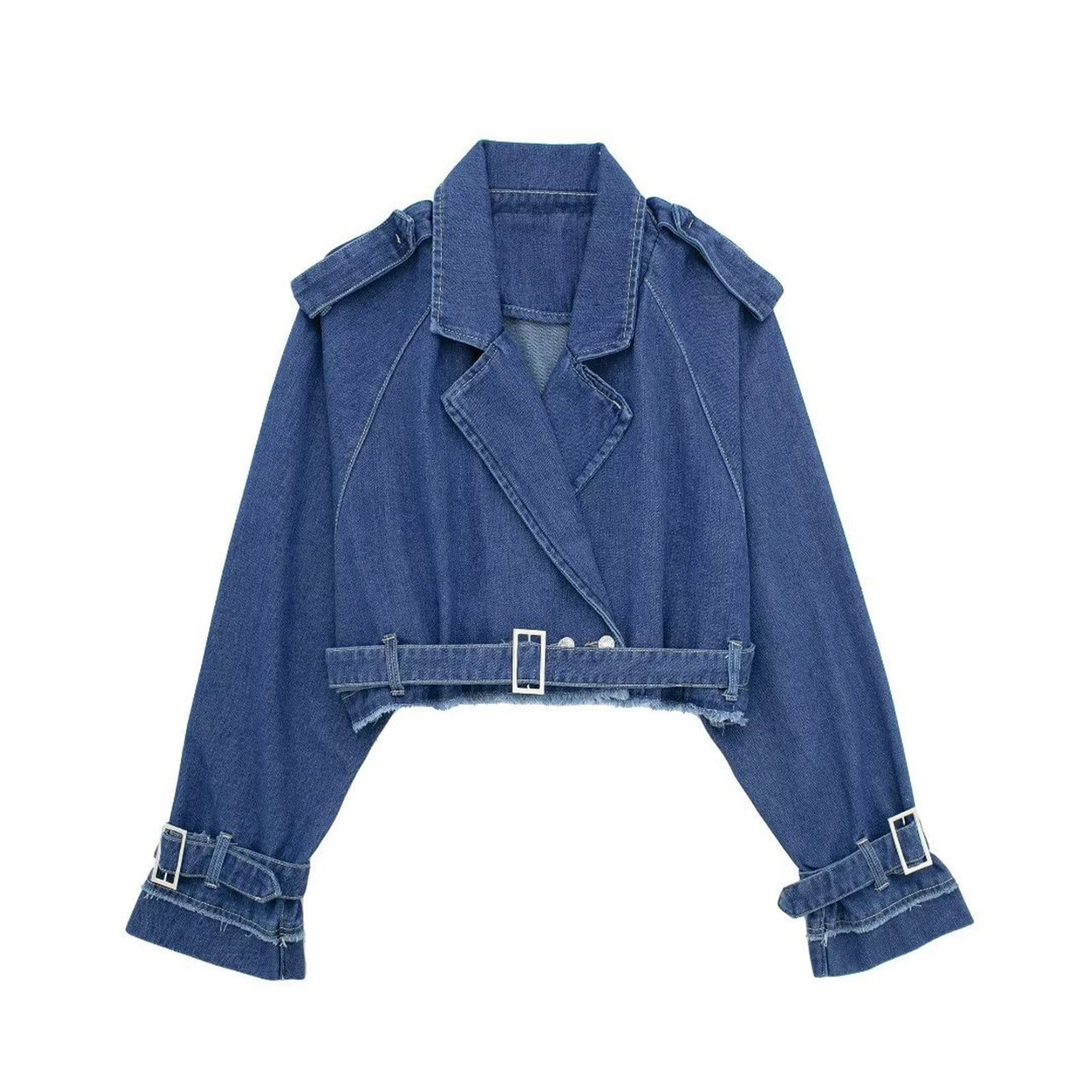 FAIWAD Women's Cropped Denim Trench Coat Lapel Long Sleeve Lightweight