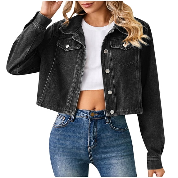 FAIWAD Women's Denim Jacket Long Sleeve Cropped Plus Size Vintage Button Down Loose Jeans Short Coat