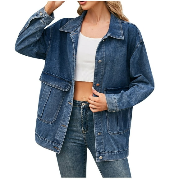 FAIWAD Women's Denim Jacket Long Sleeve Jean Coat Button Down Vintage Casual Jean Shacket with Pockets