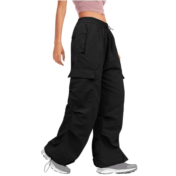 FAIWAD Women's Elastic Adjustable Drawstring Cargo Pants with Pockets Straight Loose Wide Leg Pants (X-Large, Black1)