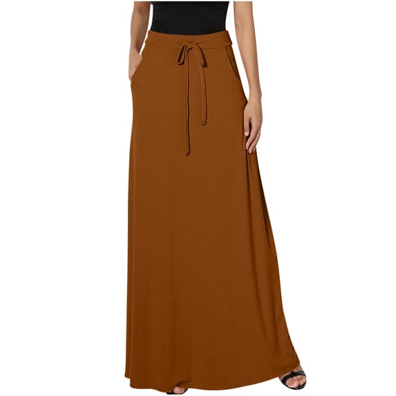 FAIWAD Women's Elastic High Waisted Maxi Skirt Drawstring Loose Casual Basic A-Line Skirts with Pockets