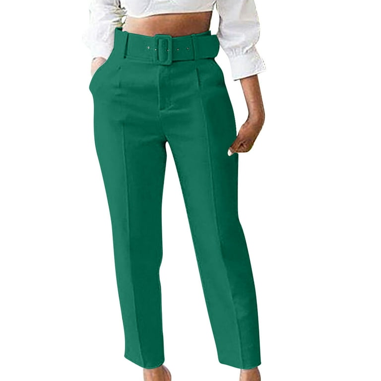 FAIWAD Women's Elegant High Waist Pants with Belt Straight Leg Work Office  Suit Trousers (Medium, Green)
