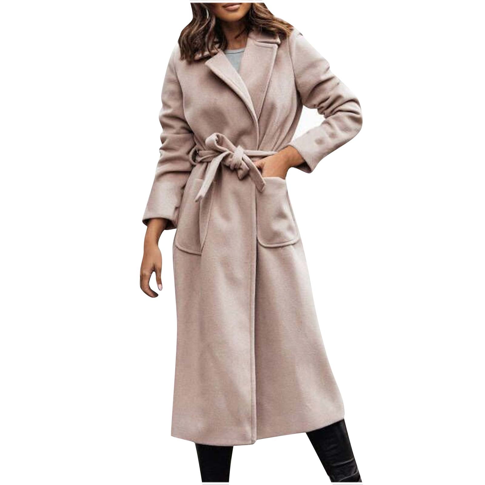 FAIWAD Women's Elegant Trench Coats Long Sleeve Lapel Warm Solid