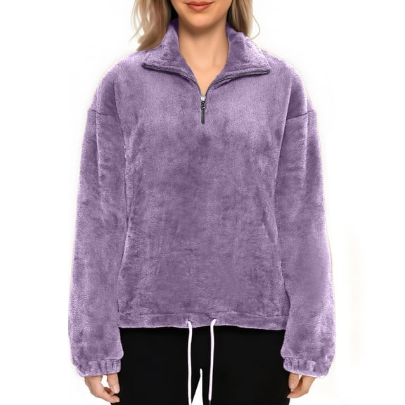FAIWAD Women's Flannel Sweatshirt Quarter Zip Fleece Pullover with Drawstring Fuzzy Winter Warm Tops
