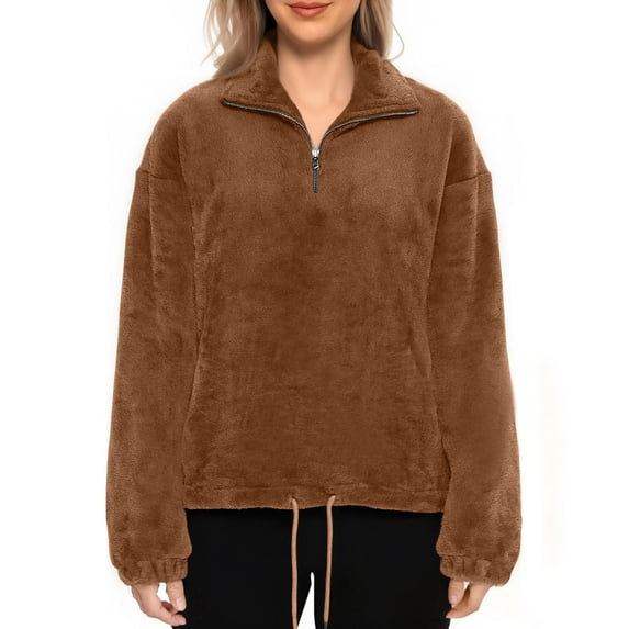 FAIWAD Women's Flannel Sweatshirt Quarter Zip Fleece Pullover with Drawstring Fuzzy Winter Warm Tops