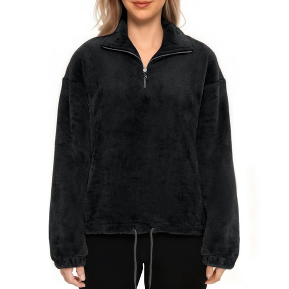 FAIWAD Women's Flannel Sweatshirt Quarter Zip Fleece Pullover with Drawstring Fuzzy Winter Warm Tops