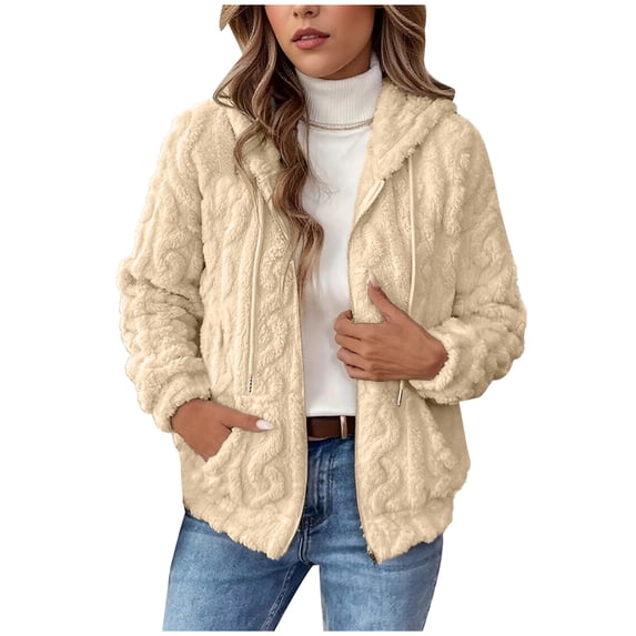 FAIWAD Women's Fleece Jacket Open Front Zip-Up Fuzzy Hooded Cardigan Casual Loose Winter Outerwear