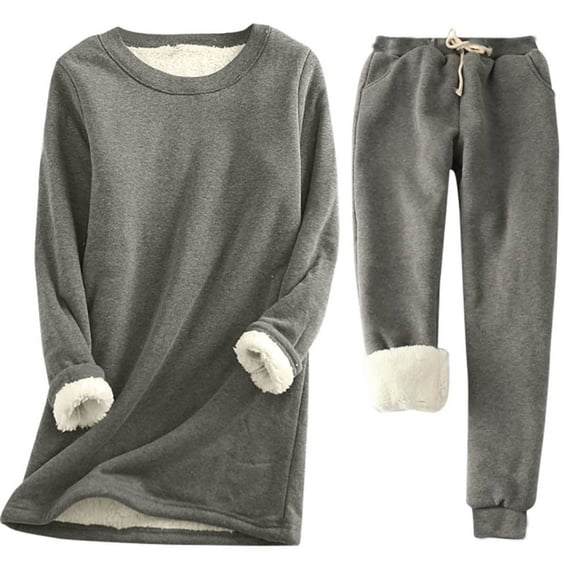 FAIWAD Women's Fleece Lined 2 Piece Outfits Fuzzy Round Neck Top and Pants Winter Warm Plush Set