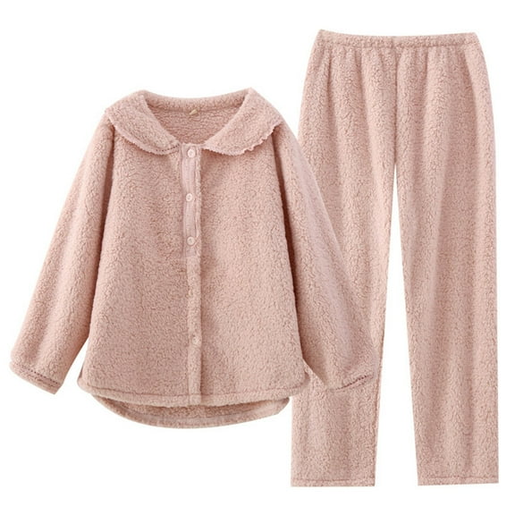 FAIWAD Women's Fleece Pajama Sets Long Sleeves Button Front Warm Sleepwear with Pants 2pc Pjs Loungewear Outfits
