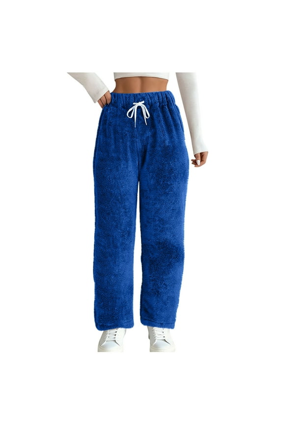 Women's Fleece Sweatpants Winter Warm Plush Fuzzy Pants Drawstring Elastic Waist Pajamas Trousers