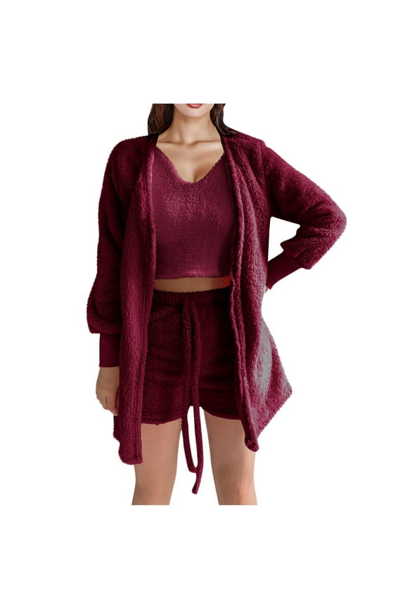 Women's Fuzzy 3 Piece Outfits Pajamas Set Fleece Cardigan Outwear Crop Top with Shorts Set Loungewear Pajamas