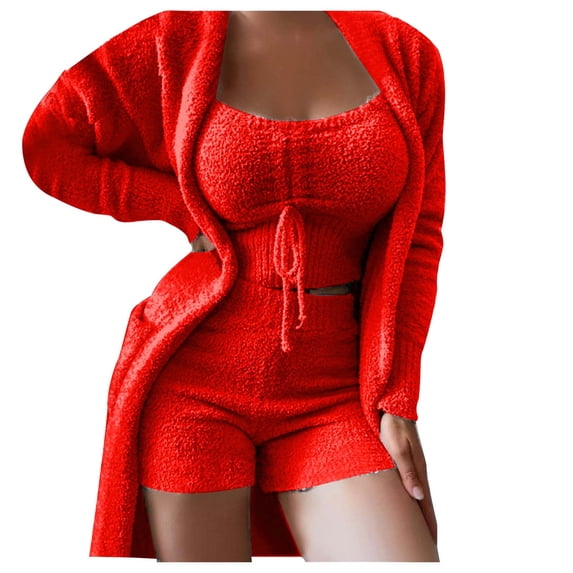 FAIWAD Women's Fuzzy 3 Pieces Pajamas Set Crop Top Long Cardigan Coat and Shorts Pants Warm Fleece Suit
