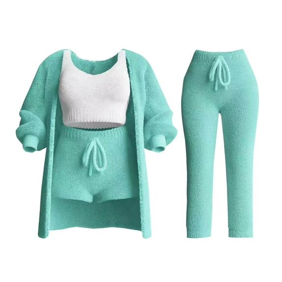 FAIWAD Women's Fuzzy Fleece 4 Piece Outfits Soft Sherpa Hooded Coat Crop Tank Top Shorts with Pants Set Plush Pajamas Homewear