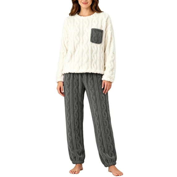 FAIWAD Women's Fuzzy Pajama Set 2 Piece Long Sleeve Color Blocked Pullover and Pants Comfy Loungwear