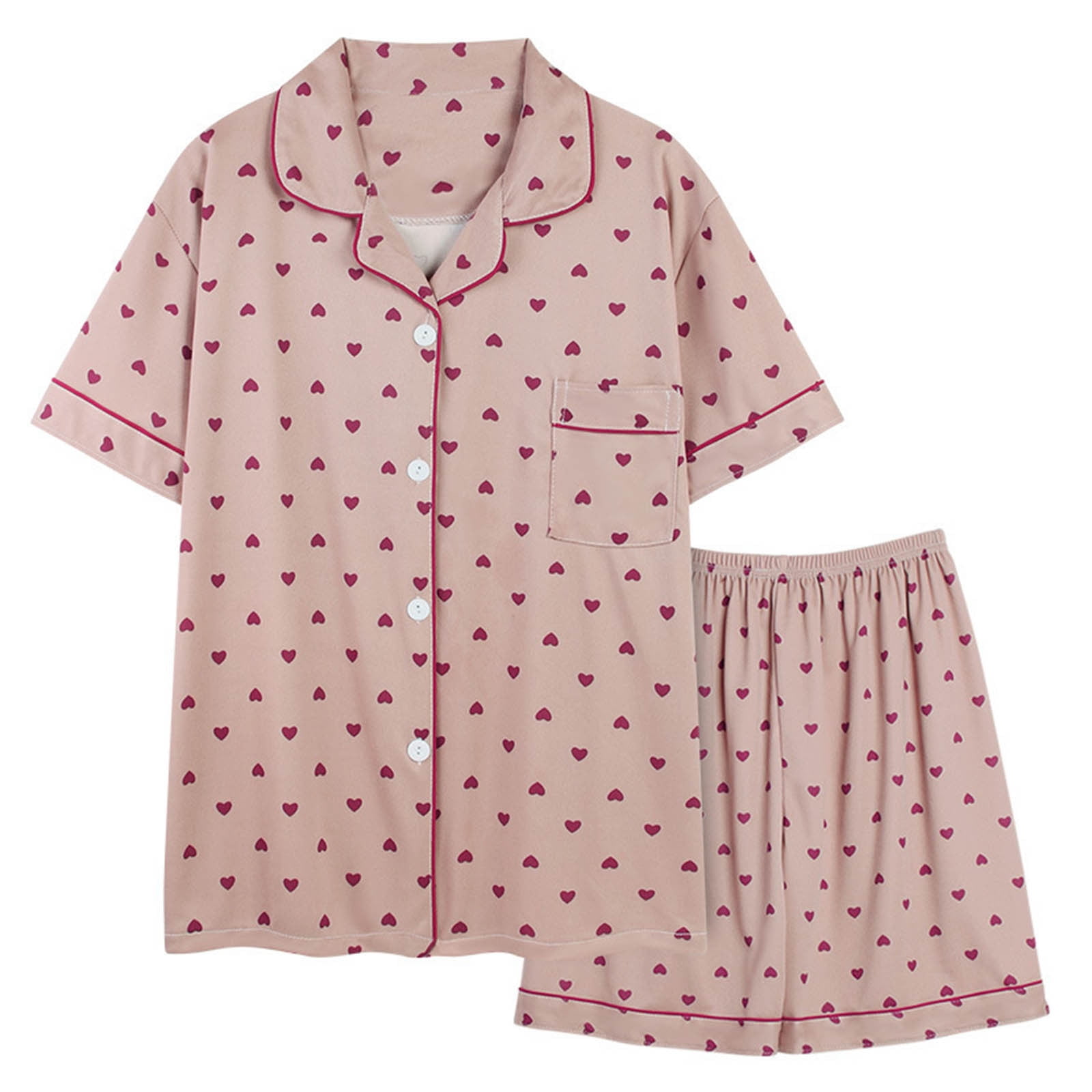 FAIWAD Women's Heart Print Pajamas Set Button Down Lapel Sleepwear ...