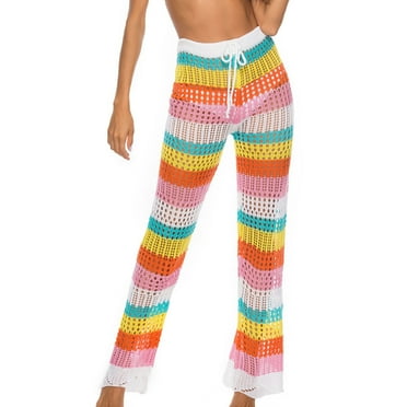 FAIWAD Women's High Waist Beach Cover Up Pants Hollow Out Crochet Pants Bathing Suit Drawstring Beach Pants Swimwear