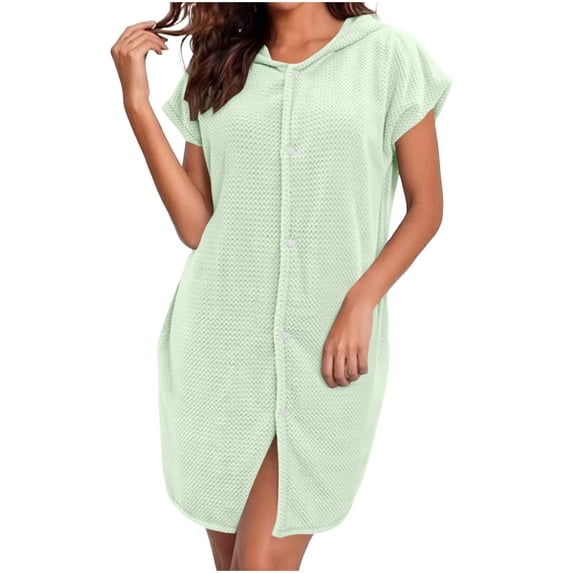 FAIWAD Women's Hooded Robe Soft Short Sleeve Plush Bath Robe Comfy Button Front Nightwear