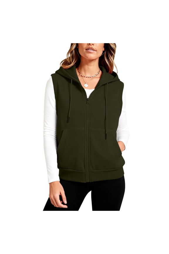 Women's Hooded Vest Sleeveless Zip up Drawstring Outerwear with Pockets Solid Color Lightweight Jackets